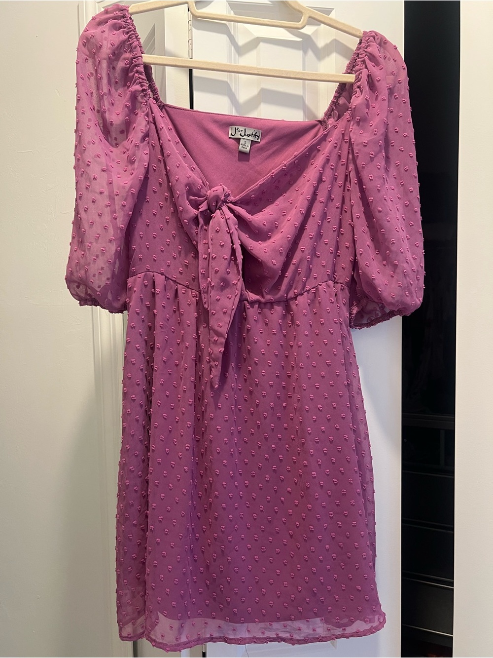 J for Justify Mauve/Pink Swiss Dot Puff Sleeve Dress